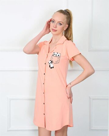 Akbeniz Kadın Penye Önden Düğmeli Pembe Tunik Gecelik 1032