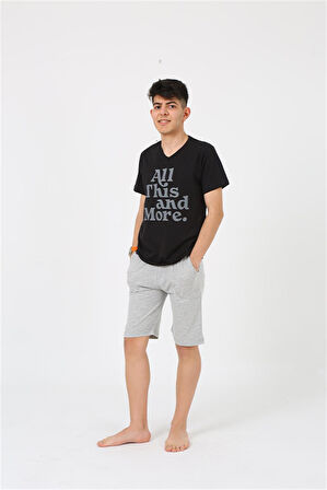 Akbeniz Erkek Genç Garson Boy Kısa Kol Siyah Penye Şortlu Pijama Takımı 20377