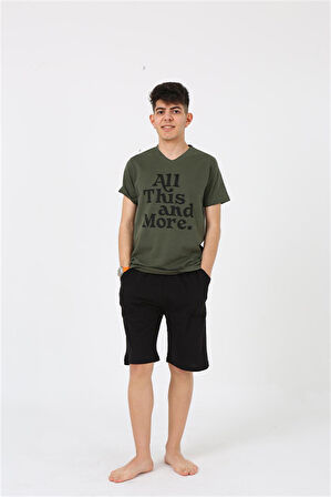 Akbeniz Erkek Genç Garson Boy Kısa Kol Haki Penye Şortlu Pijama Takımı 20377