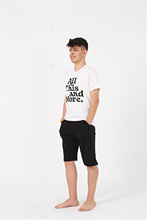 Akbeniz Erkek Genç Garson Boy Kısa Kol Ekru Penye Şortlu Pijama Takımı 20377