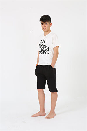 Akbeniz Erkek Genç Garson Boy Kısa Kol Ekru Penye Şortlu Pijama Takımı 20377