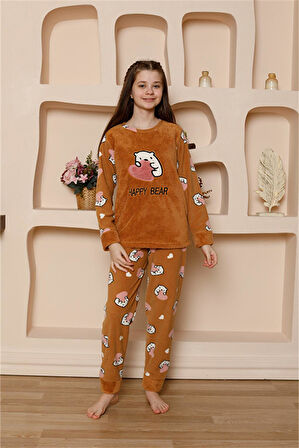 Akbeniz Kız Çocuk WelSoft Polar Sütlü Kahve Pijama Takımı 20523