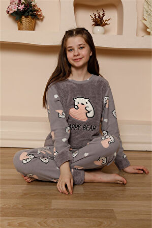 Akbeniz Kız Çocuk WelSoft Polar Gri Pijama Takımı 20523