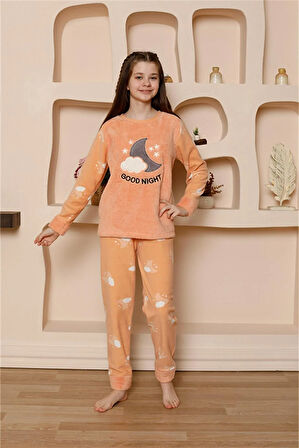 Akbeniz Kız Çocuk WelSoft Polar Turuncu Pijama Takımı 20526