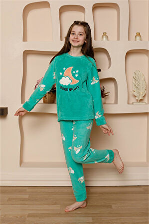 Akbeniz Kız Çocuk WelSoft Polar Yeşil Pijama Takımı 20526