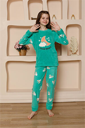 Akbeniz Kız Çocuk WelSoft Polar Yeşil Pijama Takımı 20526