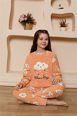 Akbeniz Kız Çocuk WelSoft Polar Turuncu Pijama Takımı 20527