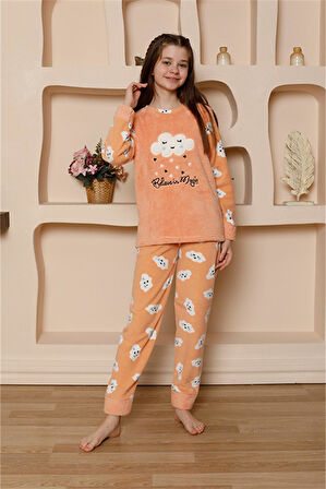 Akbeniz Kız Çocuk WelSoft Polar Turuncu Pijama Takımı 20527
