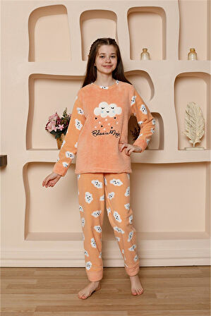 Akbeniz Kız Çocuk WelSoft Polar Turuncu Pijama Takımı 20527
