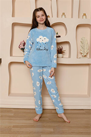 Akbeniz Kız Çocuk WelSoft Polar Mavi Pijama Takımı 20527