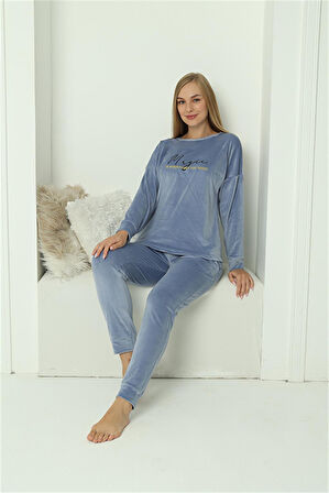 Akbeniz Kadın Kadife Mavi Pijama Takım 20624