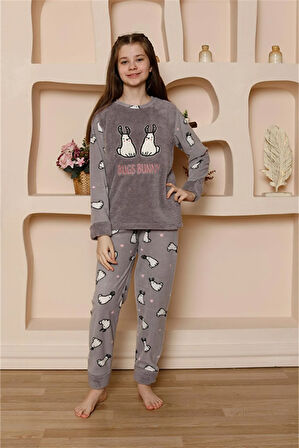 Akbeniz Kız Çocuk WelSoft Polar Gri Pijama Takımı 20524