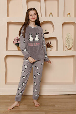Akbeniz Kız Çocuk WelSoft Polar Gri Pijama Takımı 20524