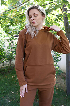 Akbeniz Kadın Pamuk Kapşonlu Cepli 3 İplik Kahve Eşofman Takım 9037