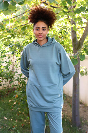 Akbeniz Kadın Pamuk Kapşonlu Cepli 3 İplik Petrol Eşofman Takım 9037