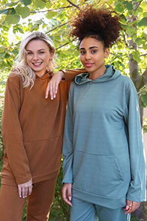 Akbeniz Kadın Pamuk Kapşonlu Cepli 3 İplik Petrol Eşofman Takım 9037