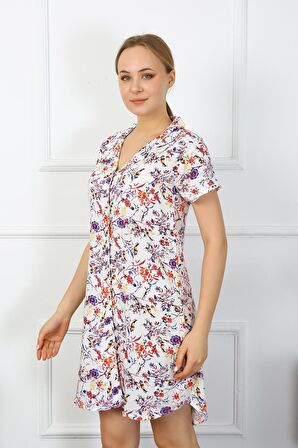 Akbeniz Kadın Penye Kısa Kol Düğmeli Ekru Tunik Gecelik 13104