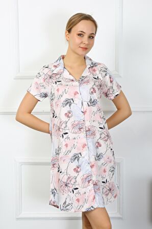 Akbeniz Kadın Penye Kısa Kol Düğmeli Somon Tunik Gecelik 13104