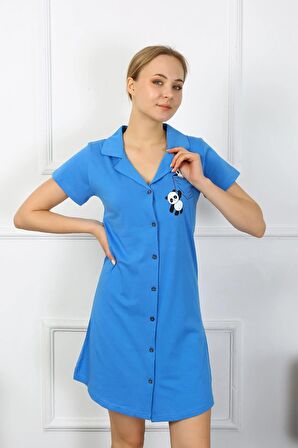 Akbeniz Kadın Pamuk Penye Kısa Kol Düğmeli Mavi Tunik Gecelik 13109