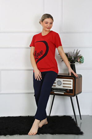 Akbeniz Kadın Pamuk Penye Sevgili Kombini Pijama Takımı Kırmızı 50128 Tek Takım Fiyatıdır