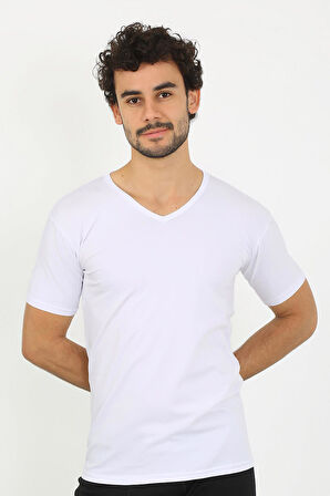 Akbeniz Erkek Likralı V Yaka Beyaz T-Shirt 65700
