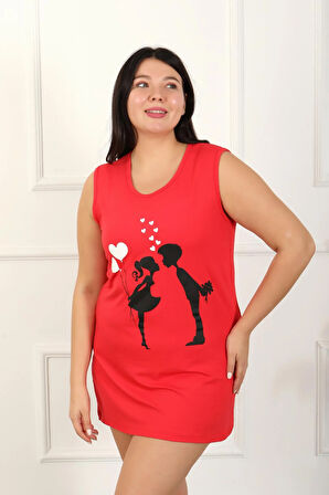 Akbeniz Kadın Büyük Beden Kalın Askılı Penye Diz Üstü Kırmızı Gecelik 12501