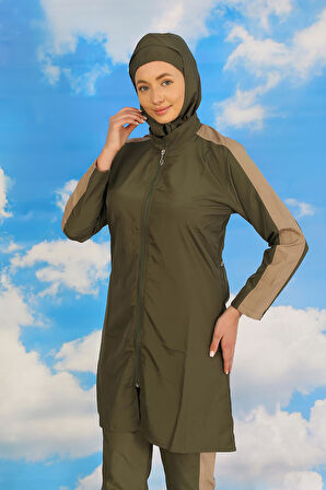 Akbeniz Kadın Pantolonlu Kolu Şeritli Tam Tesettür Mayo Haki 31065