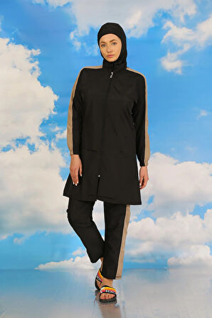 Akbeniz Kadın Pantolonlu Kolu Şeritli Tam Tesettür Mayo Siyah 31065