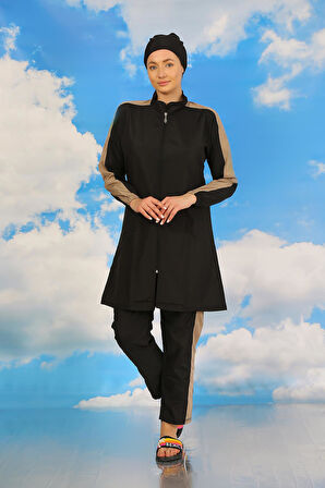 Akbeniz Kadın Pantolonlu Kolu Şeritli Tam Tesettür Mayo Siyah 31065