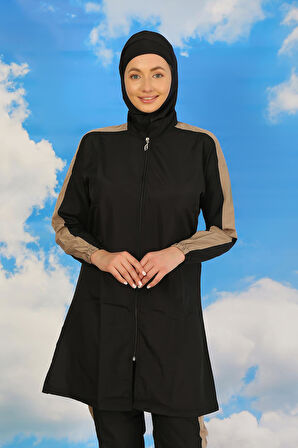 Akbeniz Kadın Pantolonlu Kolu Şeritli Tam Tesettür Mayo Siyah 31065