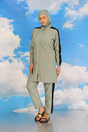 Akbeniz Kadın Pantolonlu Kolu Şeritli Tam Tesettür Mayo Su Yeşili 31065