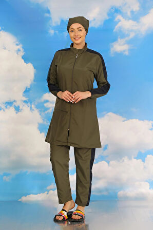 Akbeniz Kadın Pantolonlu Kolu Şeritli Tam Tesettür Mayo Haki 31066
