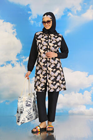 Akbeniz Kadın Pantolonlu Desenli Tam Tesettür Mayo Lacivert 31070