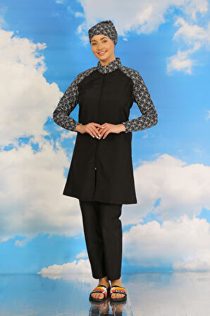 Akbeniz Kadın Pantolonlu Desenli Tam Tesettür Mayo Siyah 31072