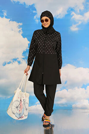 Akbeniz Kadın Pantolonlu Desenli Tam Tesettür Mayo Siyah 31074