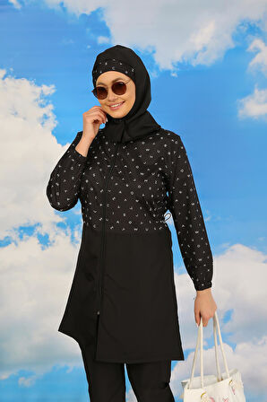 Akbeniz Kadın Pantolonlu Desenli Tam Tesettür Mayo Siyah 31074