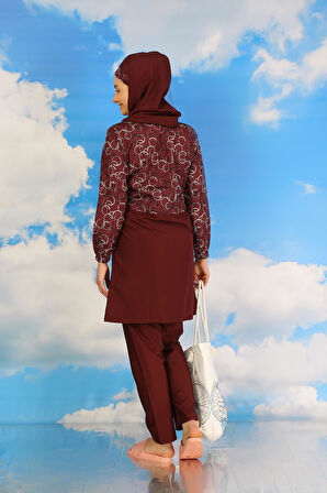 Akbeniz Kadın Pantolonlu Desenli Tam Tesettür Mayo Bordo 31075