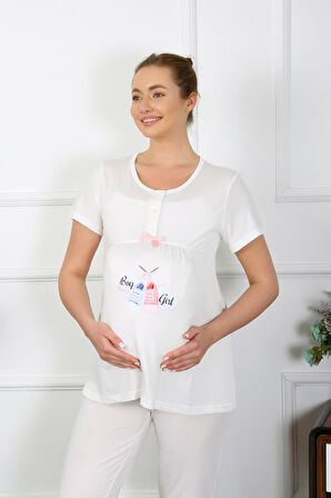 Akbeniz Kadın Kısa Kol Hamile Lohusa Pijama Takımı Ekru 45210