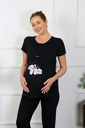 Akbeniz Kadın Kısa Kol Hamile Lohusa Pijama Takımı Siyah 45210