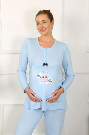Akbeniz Kadın Uzun Kol Hamile Lohusa Pijama Takımı Mavi 45501