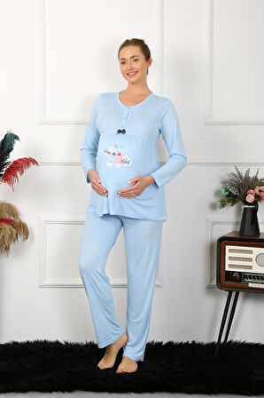 Akbeniz Kadın Uzun Kol Hamile Lohusa Pijama Takımı Mavi 45501