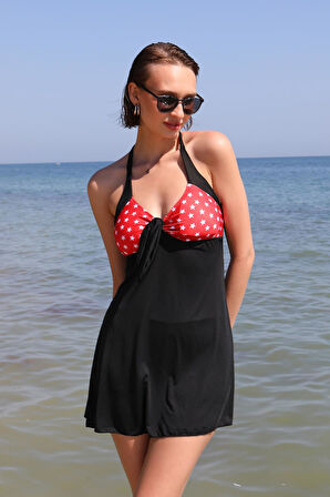 Akbeniz Kadın Likralı Şortlu Fiyonklu Elbise Mayo Kırmızı 37020