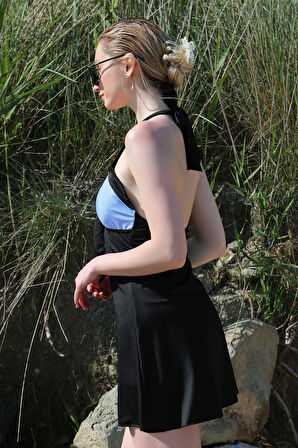 Akbeniz Kadın Likralı Şortlu Fiyonklu Elbise Mayo Mavi 37022