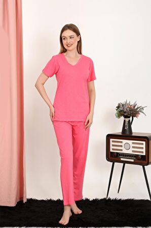Akbeniz Kadın Kısa Kol Pamuk Penye Pijama Takım Fuşya 4213