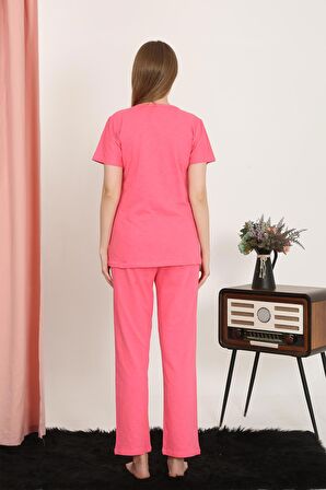 Akbeniz Kadın Kısa Kol Pamuk Penye Pijama Takım Fuşya 4213