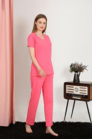 Akbeniz Kadın Kısa Kol Pamuk Penye Pijama Takım Fuşya 4213