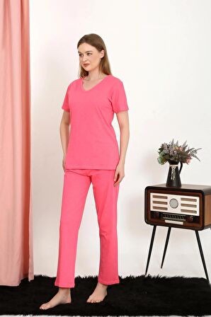 Akbeniz Kadın Kısa Kol Pamuk Penye Pijama Takım Fuşya 4213