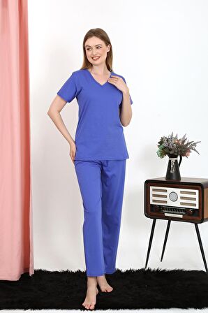Akbeniz Kadın Kısa Kol Pamuk Penye Pijama Takım Saks 4213