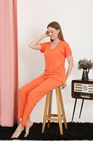 Akbeniz Kadın Kısa Kol Pamuk Penye Pijama Takım Turuncu 4213