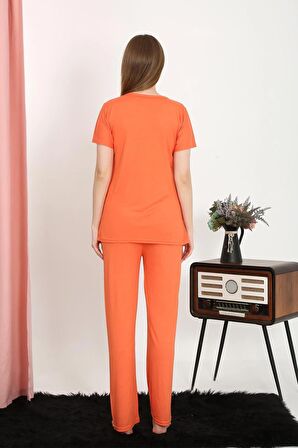 Akbeniz Kadın Kısa Kol Pamuk Penye Pijama Takım Turuncu 4213